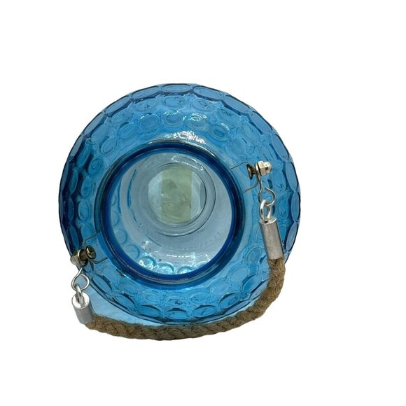 Blue Bubble Glass Hanging Candle Holder With Metal & Rope Handle - Picture 12 of 14